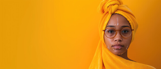 portrait of a woman in a bright yellow headband and glasses on a monochrome background.