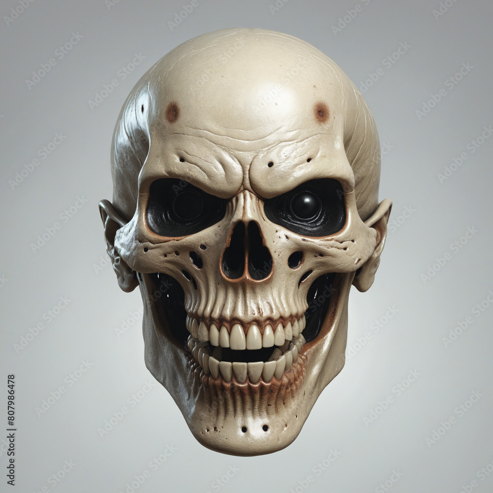Poster creepy skull design isolated on a transparent background, rendered in photorealistic detail using ge