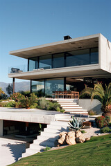 luxury house in the field with a door on the right and big horizontal glass window on the left with rounded roof on the both sides, a achitectural villa in detailed concrete works, building, architect