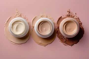 Three jars of foundation of different shades on a pink background, top view, splashes of cream. Banner template for advertising cosmetics.
