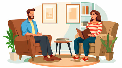 Vector illustration of a married couple on a sofa and an elderly psychologist
