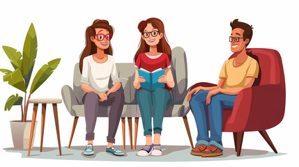 Vector illustration of a married couple on a sofa and an elderly psychologist