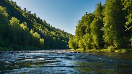 きれいな川と緑の森と晴れた空