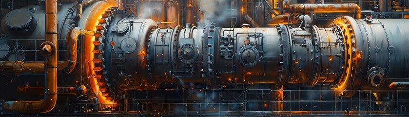 intricate machinery of a geothermal plant in stunning detail, emphasizing the metallic textures and steaming pipes in an oil painting