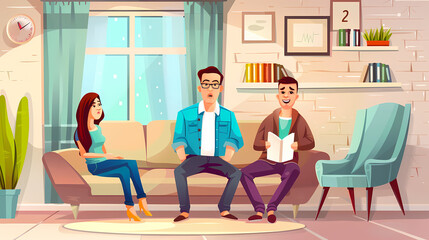 Vector illustration of a married couple on a sofa and an elderly psychologist