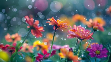 A colorful garden drenched in rain, every flower adorned with sparkling raindrops