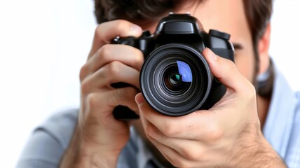 A photographer meticulously adjusts their camera