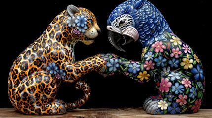 Brazilian fauna and flora, two characters, a jaguar and a blue macaw covered in flowers .