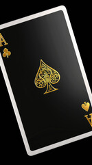 a single black ace playing card with gold letters, floating in the air, trace monotone, black, installation.
