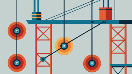Wires and pulleys run throughout the scaffolding allowing for materials to be easily lifted to different parts of the structure.. Vector illustration