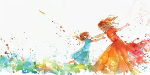 Obraz premium A woman and a child are playing together. The woman is wearing a red dress and the child is wearing a blue dress