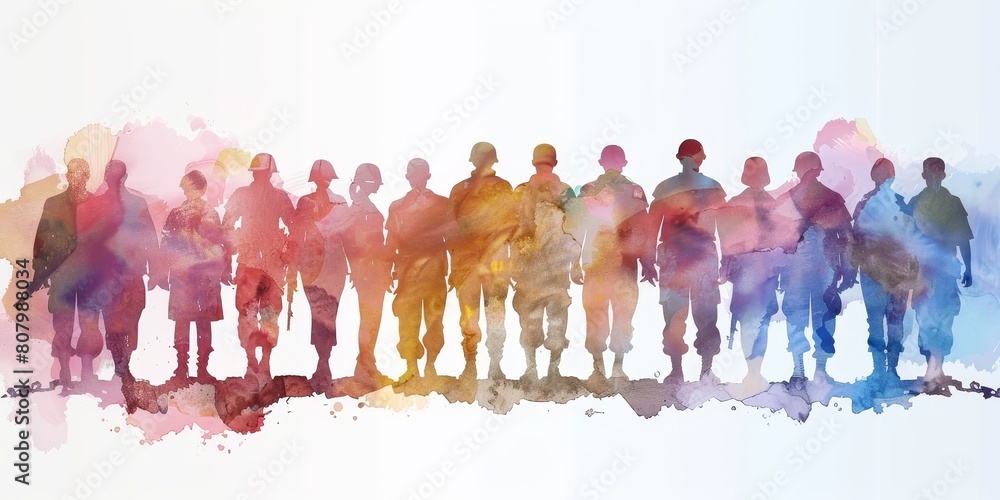 Poster a group of soldiers are standing in a line, with some of them holding guns. concept of unity and str