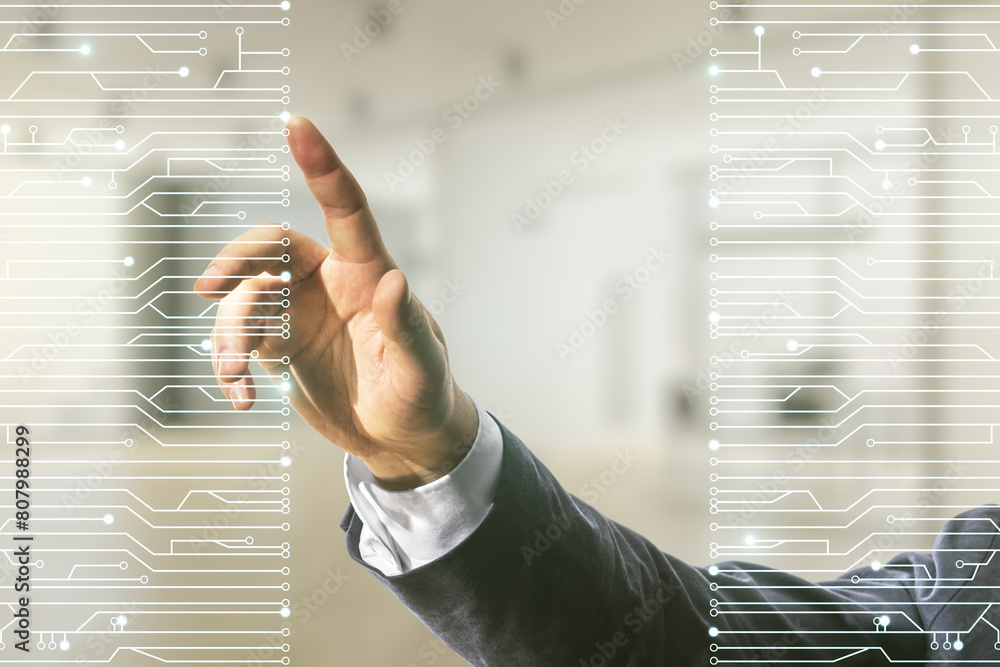 Poster man hand presses on abstract virtual microscheme illustration on blurred office background. big data
