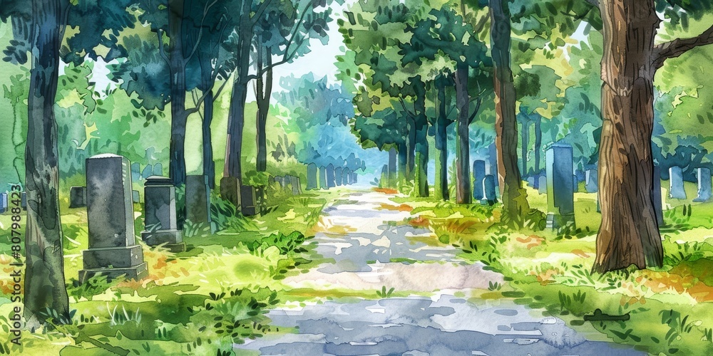 Aufkleber a cemetery with a path through it. the path is lined with trees and there are several gravestones al