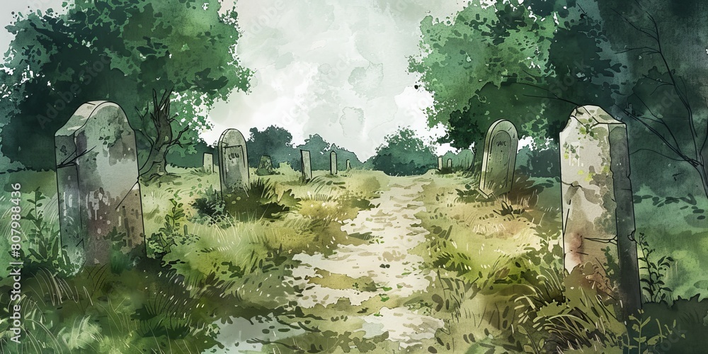 Aufkleber a path in a field with two stone markers on either side. the path is surrounded by trees and grass