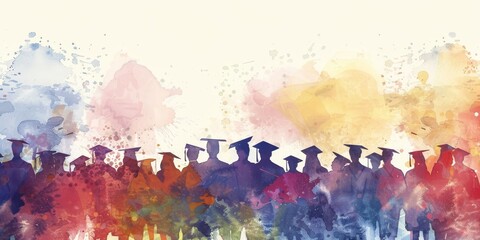 A group of people are standing in a row, with some of them wearing graduation caps. The image has a colorful and artistic feel to it, with a mix of different shades of blue, green, and red