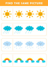 Find same picture worksheet for kids. Worksheet for kids kindergarten, preschool and school age. Education game for children with cute weather illustration.