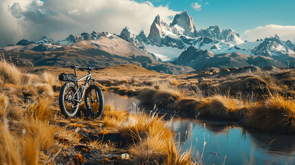 Biking through the Patagonian Wilderness: A Photo Realistic Journey through Glaciers, Mountains, and Unspoiled Nature - obrazy, fototapety, plakaty