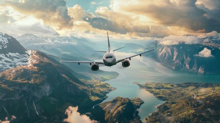 A commuter airplane flying low over a picturesque landscape, regional travel