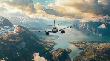 Naklejka premium A commuter airplane flying low over a picturesque landscape, regional travel