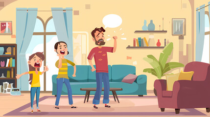 Family during a quarrel at home with parents swearing vector illustration