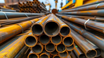 Steel pipes of various sizes stacked used in construction as connectors. Concept Steel Pipes, Construction Material, Connectors, Various Sizes, Stacked
