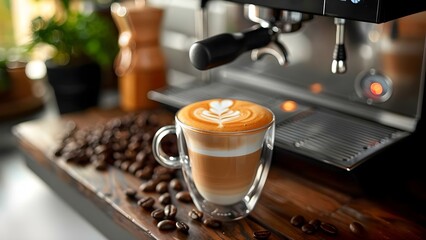 Making cappuccino with a coffee machine in the background, glass cup visible. Concept Coffee machine, Cappuccino making, Glass cup, Background, Preparation