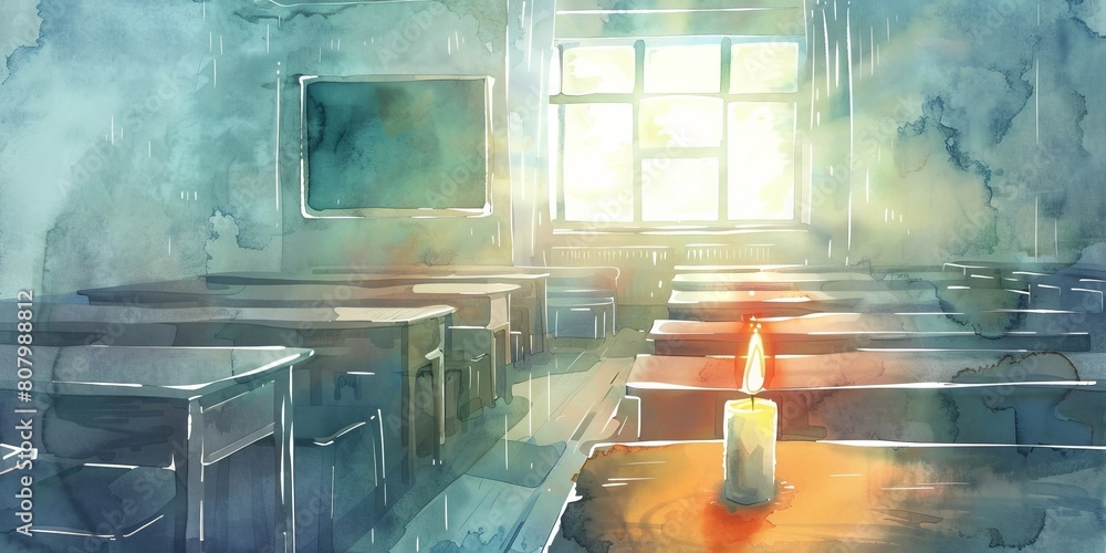 Aufkleber a candle is lit in a classroom with a window. the candle is lit in the middle of the room and is sur