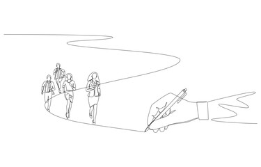 Continuous one line drawing of big hand of manager drawing line to lead employees, business leadership or team direction concept, single line art.