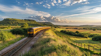 A commuter train passing through a scenic countryside, picturesque rail journey