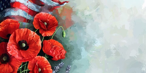A painting of red poppies with a white background. The red poppies are arranged in a way that they are almost touching the white background. The painting has a patriotic feel to it
