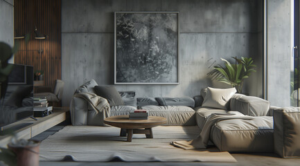The interior design of the living room resembles a modern loft with concrete walls and raw metal elements. However, all this has been skillfully combined with warm wooden accents and soft textiles