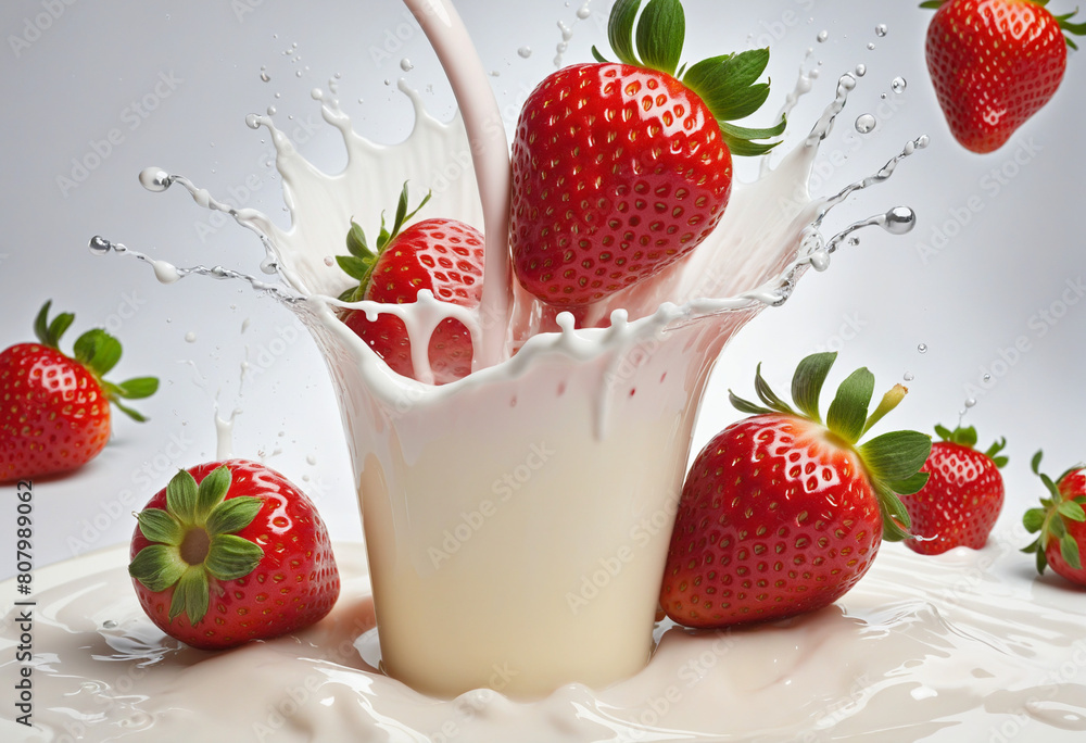 Poster strawberries cascading into a pool of milk, creating a vibrant splash against a white background