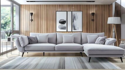 Modern Living Room with Gray Sofa, Wood Panel Wall, and Windows: D Rendered Design. Concept Interior Design, Modern Living Room, 3D Rendering, Gray Sofa, Wood Panel Wall, Windows
