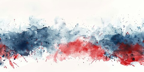 A painting of a blue and red line with white background. The painting is abstract and has a lot of splatters of paint