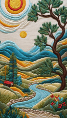 Obraz premium Stitched landscape showcasing a whimsical tapestry of vibrant colors and artistic craftsmanship 