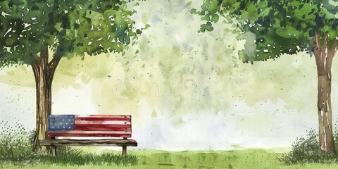 A bench with a red and white American flag on it sits in a park. The park is surrounded by trees and has a peaceful, serene atmosphere