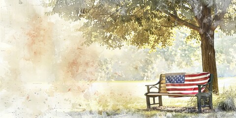 Obraz premium A bench with an American flag draped over it. Concept of patriotism and pride in one's country