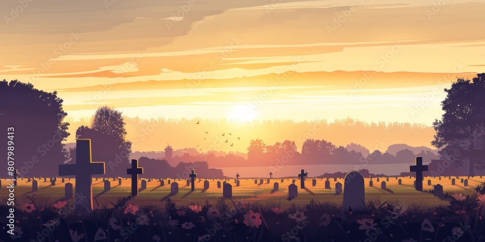 Poster a field of graves with a cross in the foreground. the sun is setting in the background. scene is som