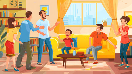 Family during a quarrel at home with parents swearing vector illustration