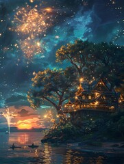 Magical Fireworks Illuminate the Enchanting Lakeside Cottage Amidst the Captivating Fantasy Landscape