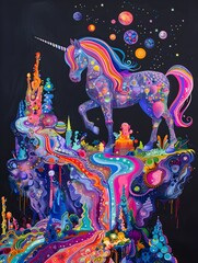 Magical Unicorn Parade with Vibrant Cosmic Floats in Fantastical Dreamscape