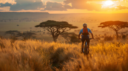 Adventurous Safari Biking Trip: Cyclist Riding Through Kenyan Savanna With Wildlife Views