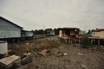 green wooden house on stilts in a residential area