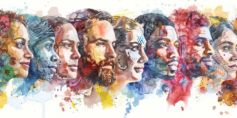 A group of people with different colored faces. The faces are painted in different colors and styles. The painting is a representation of diversity and unity