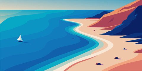 Sea beach flat style landscape top view