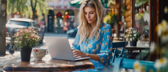 A beautiful woman using a laptop computer on the terrace of a cozy cafe on a summer day. A blonde woman in a blue flower print dress drinks espresso while working remotely.