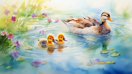 Whimsical watercolor of a mother duck and ducklings paddling in a pond, vibrant reflections and ripples around them, festive and joyful - obrazy, fototapety, plakaty