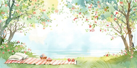 A watercolor painting of a park with a picnic blanket and a basket of food. The scene is peaceful and relaxing, with a lake in the background