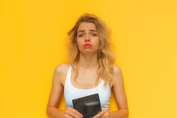 Young woman shows her empty wallet. Bankruptcy